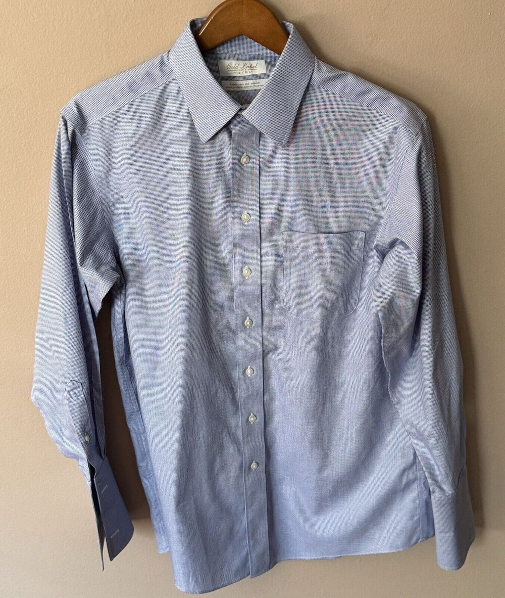 Roundtree & Yorke Blue Checked Cotton Dress Shirt 15.5/32 Gold Label